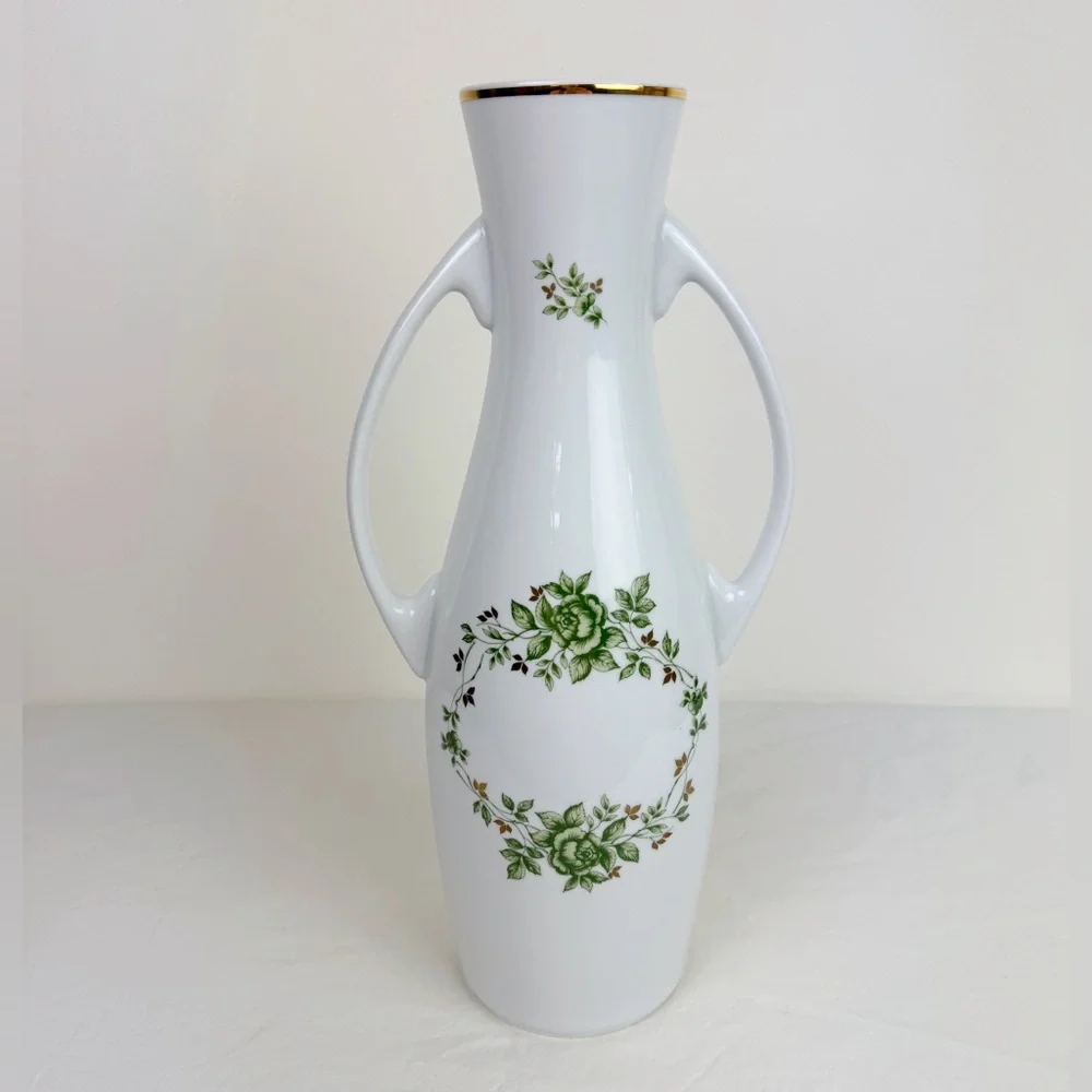 Hollohaza Hungary Erika Green Floral Handled Porcelain Vase